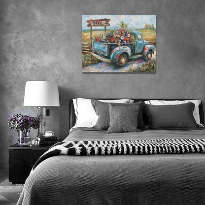 Farmhouse Truck Wall Art Rustic Country Wildflowers Wall Decor Road Flowers Landscape Pictures Canvas Print Painting Artwork for Bathroom Living Room Bedroom 12"x16"