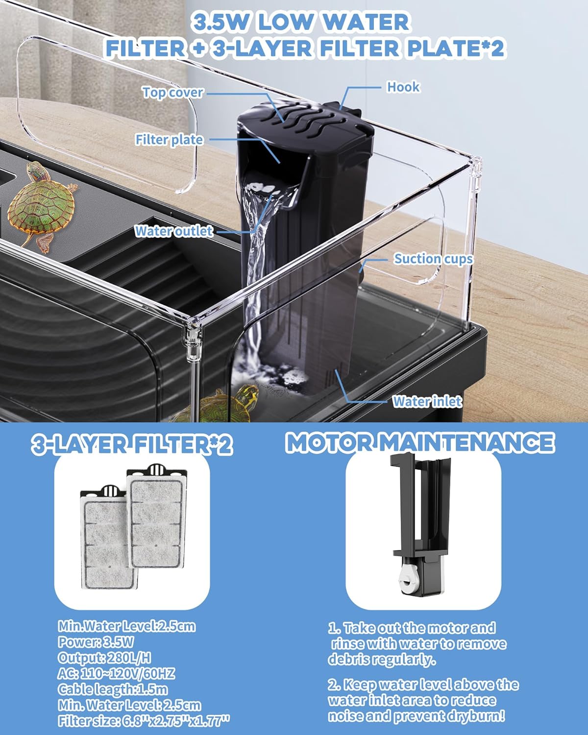 Small Turtle Tank, Aquarium, Acrylic Terrarium with Basking Platform, Bottom Drainage, Multi-Function Areas for Turtles, Crabs, Crayfish, Reptiles.(Black+Filter)