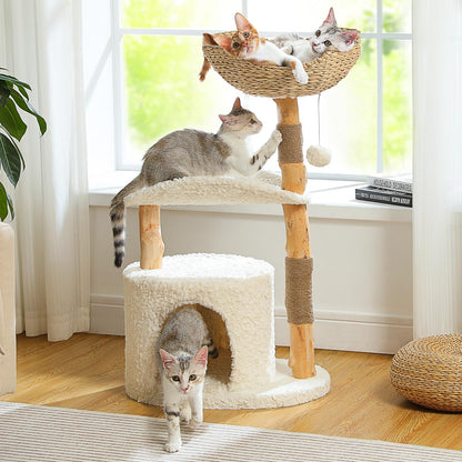 Modern Cat Tree Tower for Large Cats, Wood Cat Tower with Natural Scratching Post, Solid Wood Condo, Real Branch Luxury Cat Furniture with Curved Bed, Top Basket, White