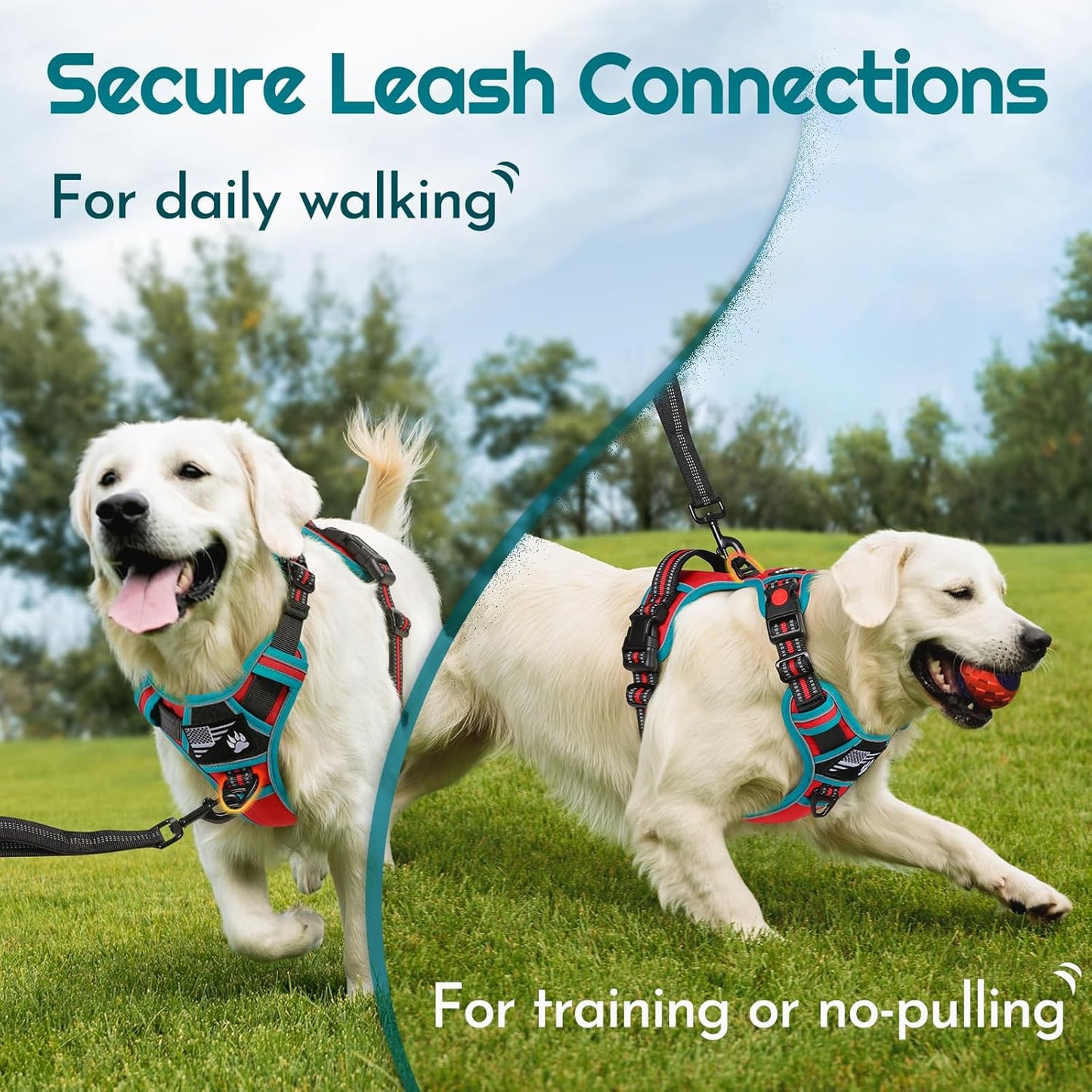 Eagloo Dog Harness Medium Sized, Easy Wearing with 3 Buckles, Adjustable No Pull Pet Harness with 2 Rings for Walking, No Chock Reflective Soft Padded Vest with Control Handle, Red & Teal, M