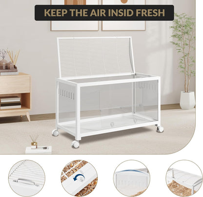 Large Metal Hamster Enclosure Rat Cage with 360 Viewing Acrylic Sides, Ventilated Front Door & Openable Top, Portable Hamster Tank for Guinea Pig, Chinchilla, Gerbil, 37.8''Lx18.5''Wx20''H White