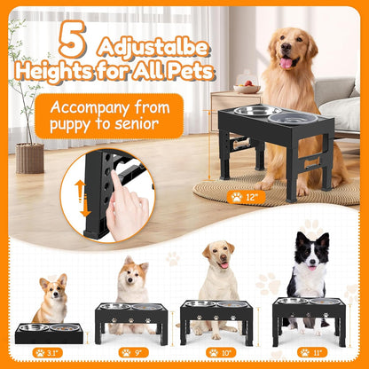 Elevated Dog Bowls with Slow Feeder and 2 Stainless Steel Bowls, Raised Dog Food Bowl Stand 5 Heights Adjustable (3.1", 9", 10", 11", 12" Tall) Non-Slip Feeder for Medium Large Dogs