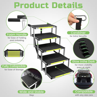 Sturdy 5-Step Aluminum Frame Dog Stair with 1680D PVC Fabric - Non-Slip, Lightweight & Portable - Ideal for Car, SUV, Truck Access - Black (98x67x43cm)