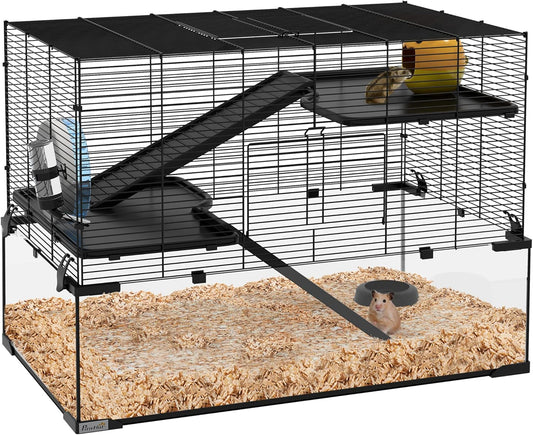 PawHut Large Hamster Cage with Deep Tempered Glass Bottom, 3 Tiers Hamster Tank with Running Wheel, Hut, Water Bottle, Dish, Rat Cage for Syrian, Dwarf, Gerbils, Mouse, 31" x 19" x 21.5", Black