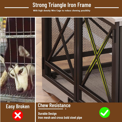 COZPAW Large Dog Crate Furniture - 48 inch Heavy Duty Dog Kennel Indoor for XLarge Breed with Double Doors, Wooden Dog Cage XL Modern Decorative End Table Pet House (Gray)