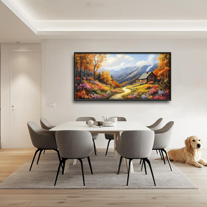 Framed Large Autumn Mountain Wall Art for Living Room, Oversized Wildflower Tree Wall Decor Nature Landscape Canvas Painting Modern Artwork Home Decoration for Living Room Bedroom 60"x30"