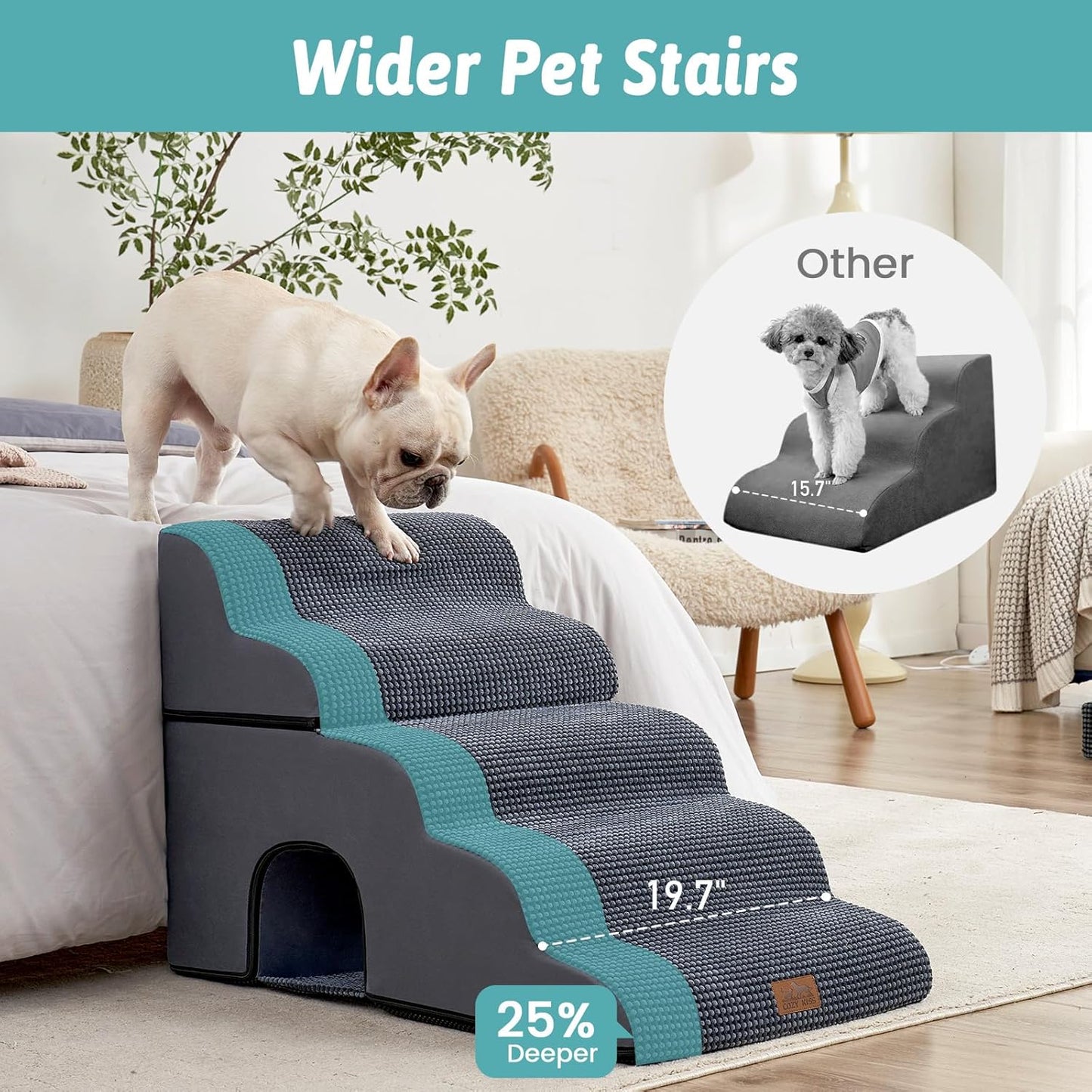 Extra Wide Dog Stairs with Tunnel, Detachable Large Pet Step for Small Medium Dog, Puppy or Cat, Ramp for High Bed, Couch, Sofa or Car, Stable, 19.7x33x22.4 inch, 5 Step, Dark Grey