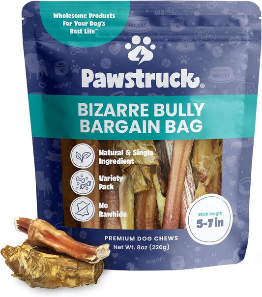 Pawstruck Natural Bizarre Bully Sticks Bargain Bag for Dogs and Puppies – Variety Pack of 5–7" Long-Lasting, Eco-Conscious Beef Chew Treats – 8 oz Bag – Packaging May Vary