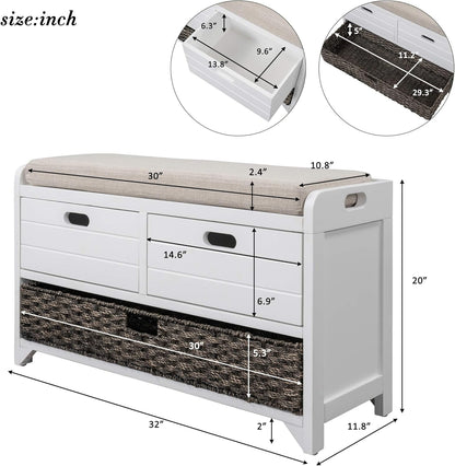 Storage Bench Removable Basket 2 Drawers Fully Assembled Acacia Wood Shoe Bench Standing Shoe Rack Removable Cushion for Living Room, Entrance Hallway, No Assembly Required White