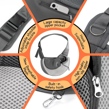 YUDODO Pet Sling Carrier for Small Dogs & Cats – Hands-Free Puppy Carrier with Safety Hook, Large Zipper Pocket, Soft Breathable Mesh, Adjustable Strap & Reflective Strip (Gray 1.0 S)