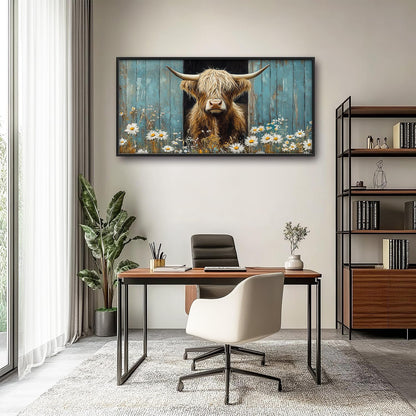 Large Farmhouse Highland Cow Country Wall Art for Living Room, Floral Canvas Oversized Wall Decor, Daisy Flower Animal Framed Pictures Painting Print Artwork for Bedroom Office 60"L x 30"W
