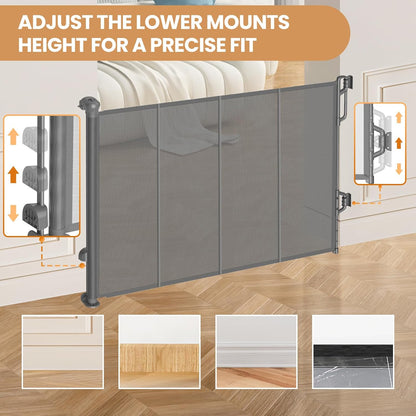 Reinforced Retractable Baby Gate or Mesh Dog Gate,Easy to Use for Stairs, Doorways, Hallways, Indoor, Outdoor, Wide Pet Gate 33.5" Tall, Extends to 45" Wide, Gray