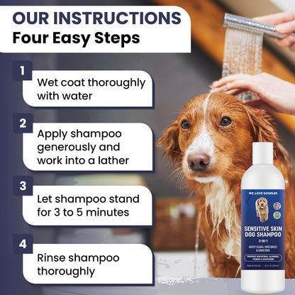 Premium 3-in-1 Sensitive Skin Dog Shampoo, Great for Allergies, Itching, Scratching, Anti-Itch Shampoo for Dogs with Oatmeal & Aloe, Made in USA, Natural Ingredients, 16 oz [We Love Doodles]