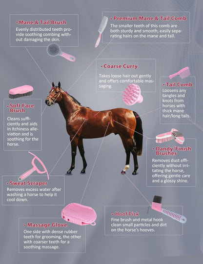 Harrison Howard Horse Grooming Kit 11-Piece Equine Care Series Horse Brush Sets with Organizer Tote Bag Tack Room Supplies Shedding Grooming Massaging Tools Pink Brushstroke Ponies