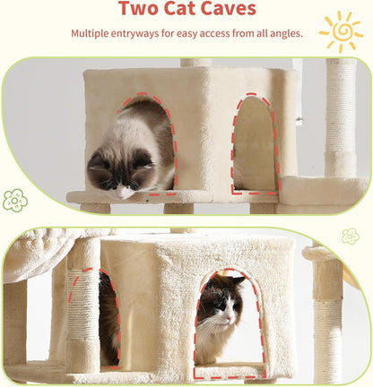 Hey-brother Cat Tree Tower, Scratching Posts with a Extended Part, Wide Platforms, Cozy Condos, Hammocks, Sisal Columns and Ball for Indoor Cats, 70.1 Inches, Beige MPJ038M