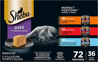 Sheba Perfect Portions Wet Cat Food Pate Savory Chicken Entree, Tender Beef Entree, and Tender Whitefish and Tuna Entree, 2.6 oz. Twin-Pack Trays (36 Count, 72 Servings)