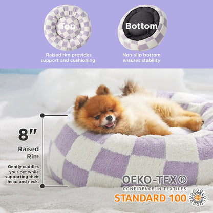LE SURE Donut Small Dog Bed - Round Cat Beds for Indoor Cats Calming Pet Beds, Cute Modern Beds with Jacquard Shaggy Plush & Anti Slip Bottom, 23 Inch, Purple