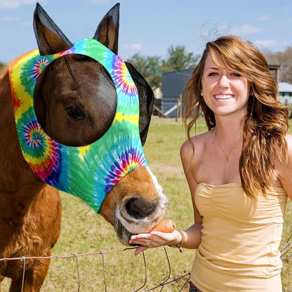 Chunful 6 Pcs Horse Fly Masks with Ears Smooth and Comfortable Cashel Mesh Fly Mask Elasticity Breathability UV Protection Horse Face Covering for Riding Supplies(Tie Dye,Medium)