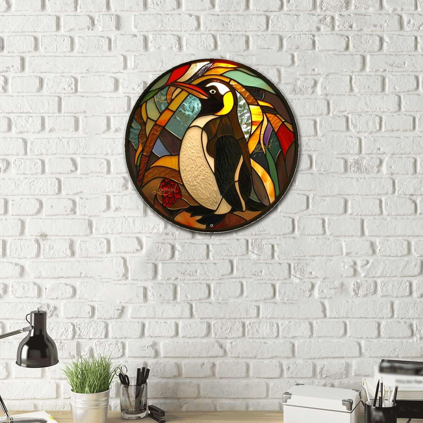 Lygond Metal Penguin Sign - Circular Stained Glass Design, 88 Inches