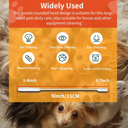 300 PCS 6 Inch Long Cotton Swabs in Box - Professional Large Cotton Swabs with Bamboo Handle - Double Sided Dog Ear Swabs - Specially Designed Big Cotton Swabs for Dog Ear, Cleaning Solution