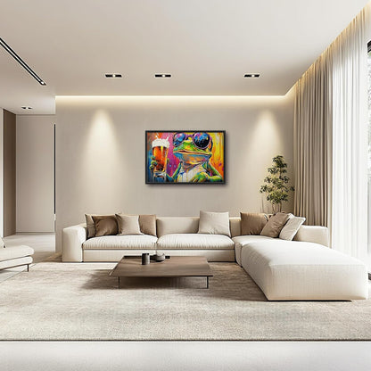 Large Graffiti Frog Wall Art for Living Room, Framed Oversized Funny Frog Beer Wall Decor Colorful Animal Canvas Painting Modern Artwork for Bathroom Bedroom Office Dining Room 36"x24"