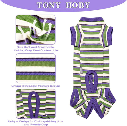 TONY HOBY Dog Pajamas, Knitted Dog Jumpsuit Shirt in Cold Weather, Dogs Surgical Recovery Suit for Small Medium Dogs (Purple&Green, Boy, M)