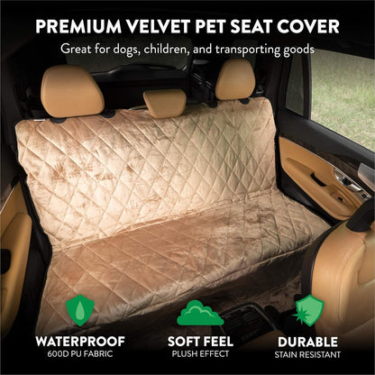 Plush Paws Products Velvet Rear Car Seat Protector w/Hammock | Washable & Waterproof Back Seat Dog Cover for Car, Truck, & SUV | Nonslip, Tear Resistant Pet Seat Cover | X-Large Desert Sand
