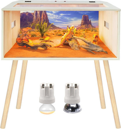 Prolee Reptile Terrarium, Lizard Tank Up to 68 Gallons, Bearded Dragon Tank with Roof Door, Snake Tank with Built-in Lamp Fixture and Switch, with Leg Stand (Oak, 28 Gallons, 32" Length)
