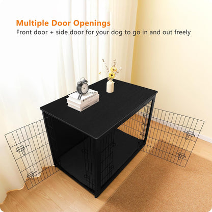 DWANTON Dog Crate Furniture with Cushion, Wooden Kennel Table with Double Doors, Indoor Dog House, Extra Large Size, 43.3" L, Black