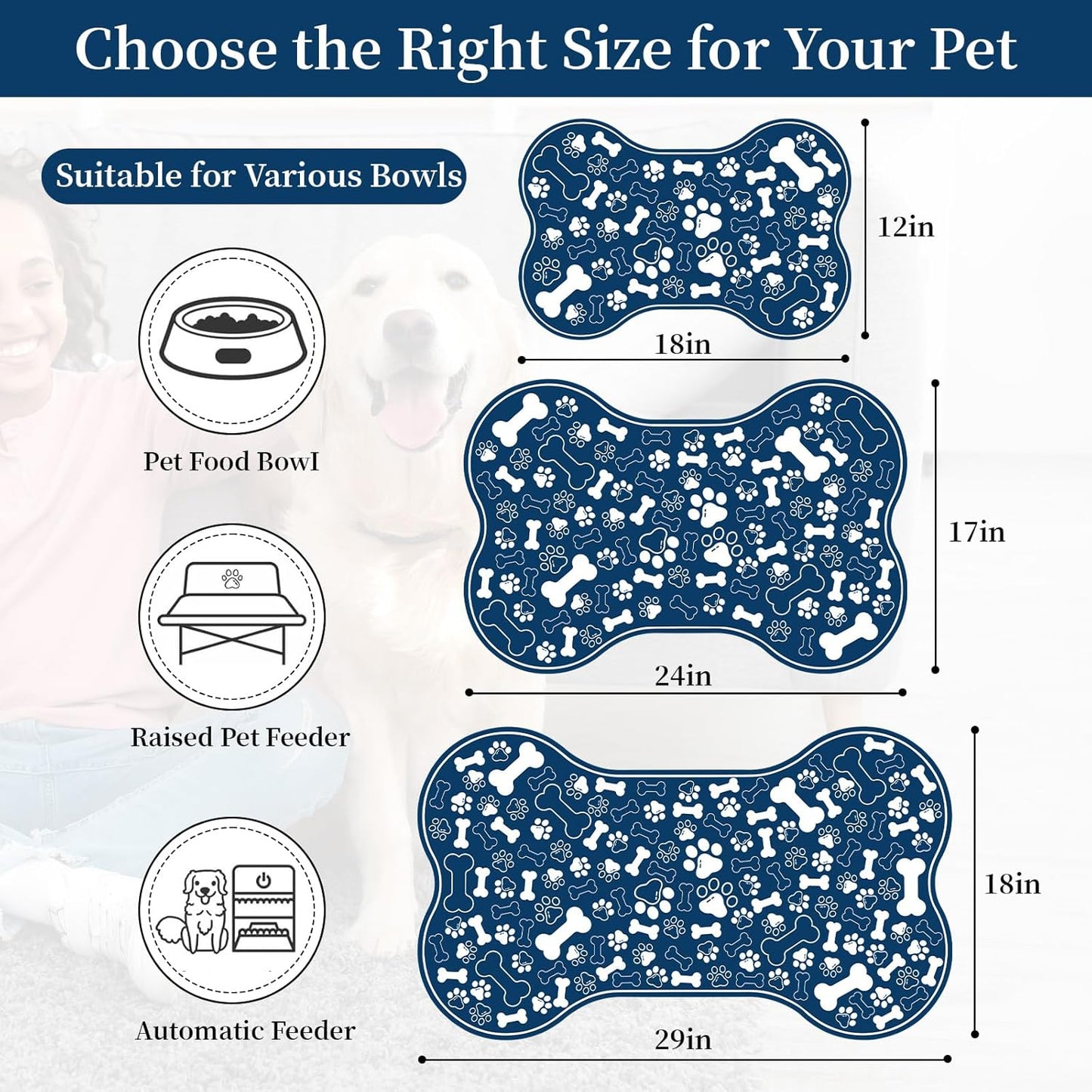 Dog & Cat Food Mat Bone Shaped Pet Feeding Mat Quick Absorb Water Bowl Placemat with Rubber Backing Indoor Floor Stain Resistant Pet Accessory Supplies (Blue, 17x29 Inches)