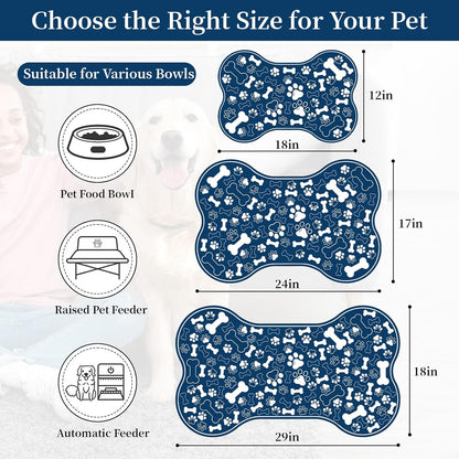 Dog & Cat Food Mat Bone Shaped Pet Feeding Mat Quick Absorb Water Bowl Placemat with Rubber Backing Indoor Floor Stain Resistant Pet Accessory Supplies (Blue, 17x29 Inches)