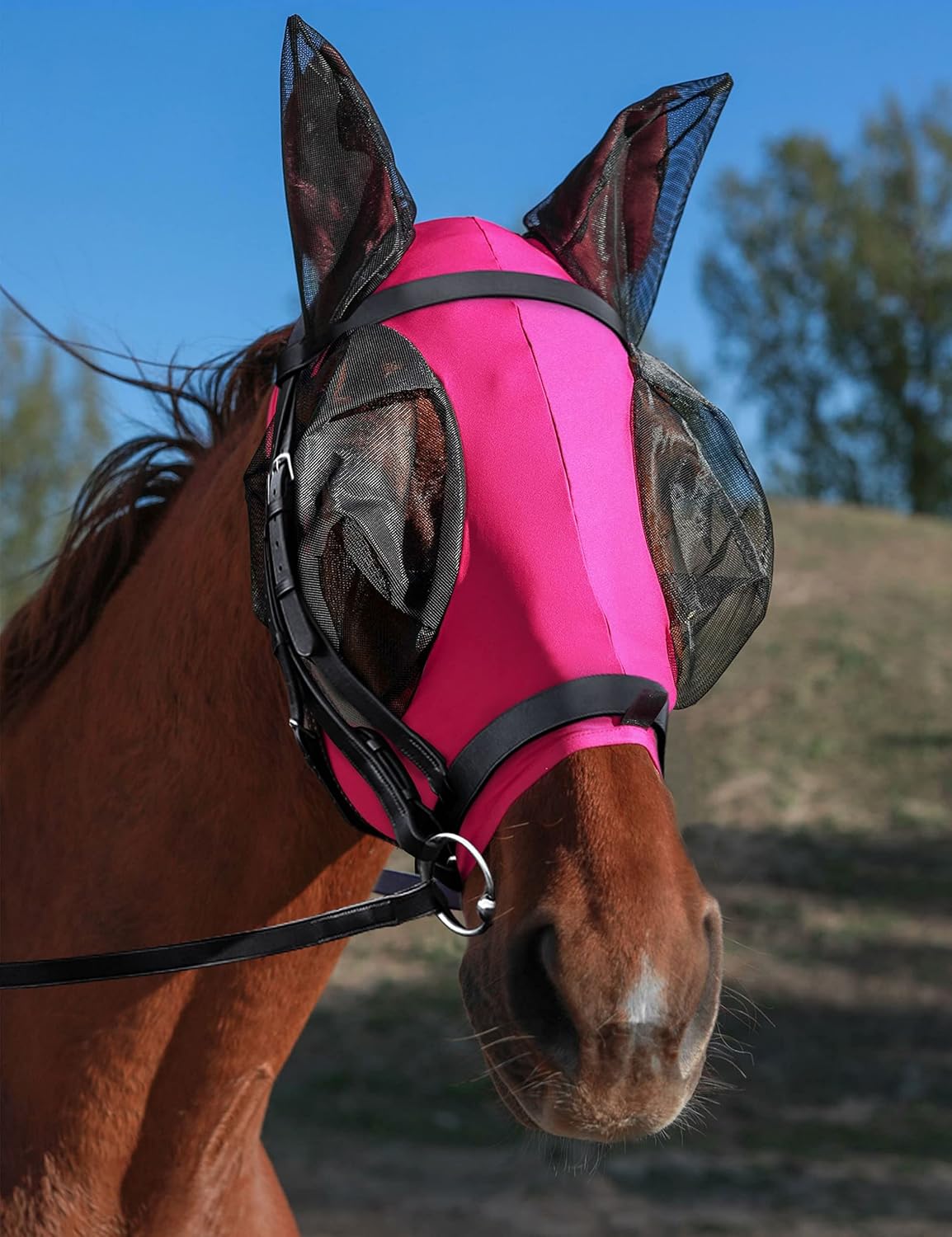 Horse Fly Mask Generous&Fine Mesh Eye Covers and Ears Elasticity Mask Snug Fitting Comfortable Breathable Lightweight Equine Stretchy Protection for Horses Hot Pink Full Size