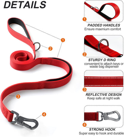 TwoEar 5FT 1IN Strong Red Dog Leash with 2 Padded Handles, Traffic Handle Extra Control, Comfortable Soft Dual Handle, Auto Lock Hook, Reflective Walking Lead for Small Medium and Large Dogs