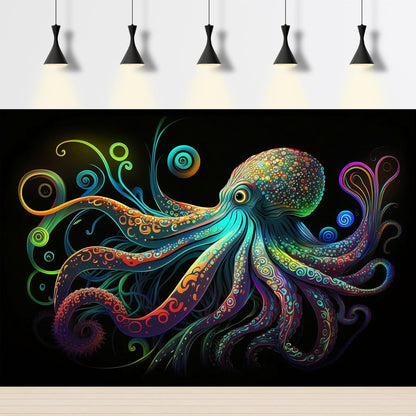 Octopus Aquarium Background Exquisite Colorful Octopus Terrarium Background Glowing Octopus on Black Background Fish Tank Backdrop Octopus Backdrops Poster Wallpaper Decorations Vinyl 36x20in
