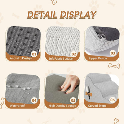 Romrol Dog Stairs Ramp for High Beds Couches, High Density Foam Pet Steps with Durable Non-Slip Waterproof Fabric Cover, Dog Stairs for Small Dogs or Cats or Pets, 3-Step,15 Inch,Light-Grey