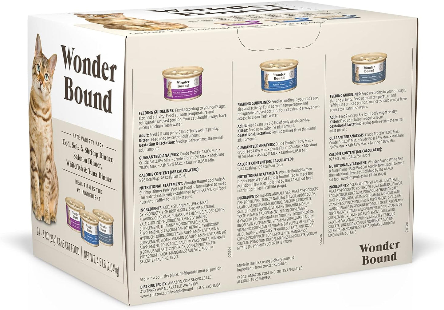Amazon Brand - Wonder Bound Wet Cat Food, Pate, No Added Grain, Variety Pack (Cod, Sole & Shrimp, Salmon, White Fish & Tuna), 3 ounce (Pack of 24)