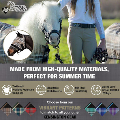 Kensington Fly Mask with Fleece Trim for Horses — Protects Face and Eyes Helps Block Sun Rays While Allowing Full Visibility — Breathable and Non Heat Transferring