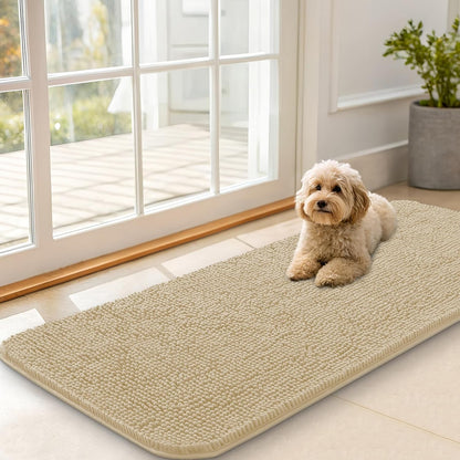 OLANLY Dog Door Mat for Muddy Paws 47x20, Absorbs Moisture and Dirt, Absorbent Non-Slip Washable Doormat, Quick Dry Chenille Mud Mat for Dogs, Entry Indoor Entryway Carpet for Inside Floor, Beige