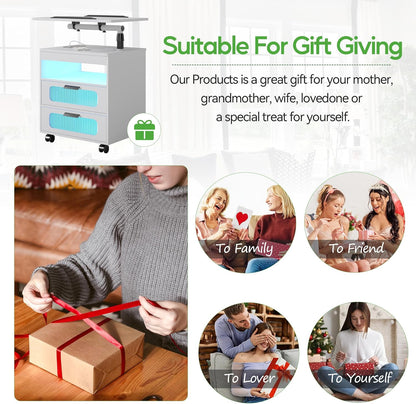 HNEBC Nightstand with Wireless Charging Station, LED Nightstand Has Adjustable Rotary Workstation,Smart Night Stand with 2 Drawers,Modern Bedside Table for Bedroom, Sensor Light/Wheel (White)