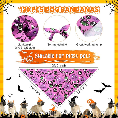 Sanwuta 120 Pcs Halloween Dog Bandanas Bulk, 40 Styles Adjustable Triangle Pet Scarves, Soft Washable Halloween Dog Cat Accessories for Small Medium Large Dogs, Puppy Costumes and Party Dress up