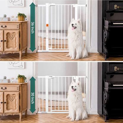 BABELIO 36" Extra Tall Dog Gate, 26-40" Wide Auto Close Baby Gate, Pressure Mounted Metal Pet, Easy Install No Drilling, No Tools Required, With Wall Protectors and Extension Kits, White