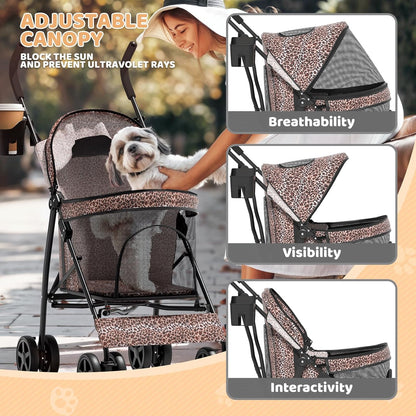 Magshion Compact Pet Stroller for Small-Medium Dogs/Cats up to 22lbs, 4-Wheel Lightweight Umbrella Shaped Portable Puppy Travel Jogger with Breathable Mesh, Cup Holder & Rear Storage, Leopard Print