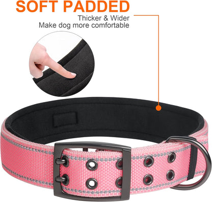 Fida Heavy Duty Dog Collar 1.5” Width, Ultra Soft Neoprene Padded, Adjustable Reflective Nylon Pet Collar with Two Metal Pin Belt Buckle for Large/X-Large Breeds (XL, Pink)