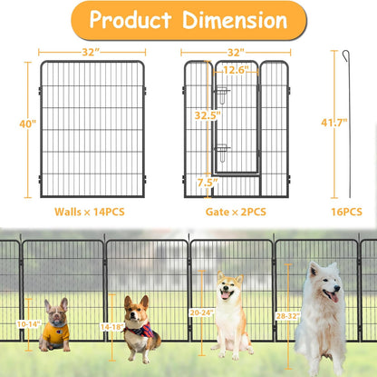 Dog Playpen, Outdoor Dog Fence, 16 Panels, 40" H Dog Pen for Medium/Small Dogs, Heavy Duty Metal Pet Fence with Gate, Portable Dog Fence for RV Camping and Yard (Black)