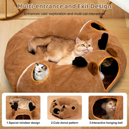Odoland Reindeer Cat Tunnels Bed with 20 Kitten Toys for Indoor Cats, Plush Cats Couch Tunnel Bed - Kittens Cave Donut Tunnel - Detachable Soft Cat Bed and Variety Kitty Toy Set