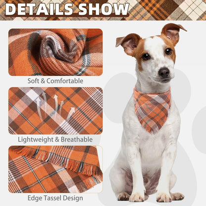 KOOLTAIL Thanksgiving Fall Dog Bandanas 4 Pack - Soft Breathable Washable Plaid Pet Scarf Bibs Kerchief, Dog Autumn Costume, Holiday Triangle Towel for Girl Boy Small Medium Large Dogs Cats, Orange L