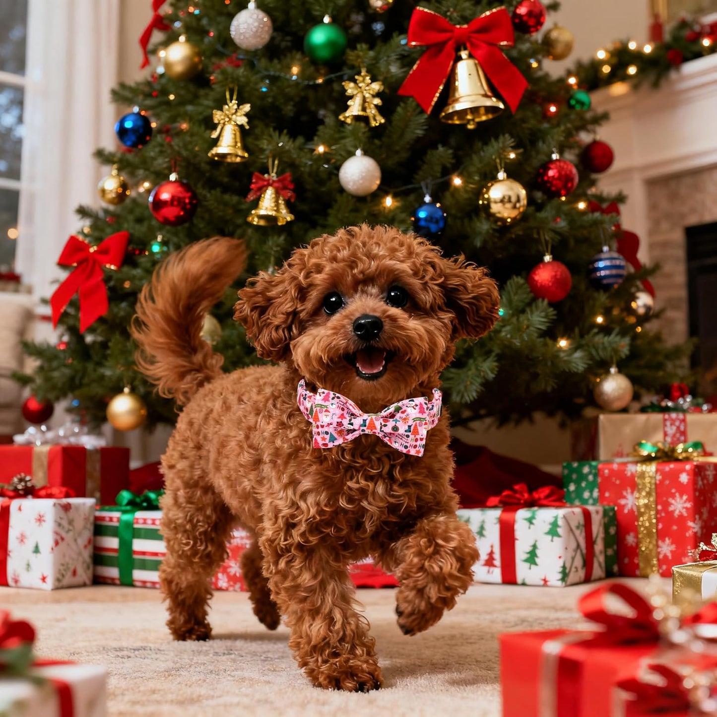 Lionet Paws Christmas Dog Collar with Bow tie,Cute Ho Christmas Tree Snowman Pink Dog Collar Bow Tie for X-Large Dogs Female, Neck 16-26 inches