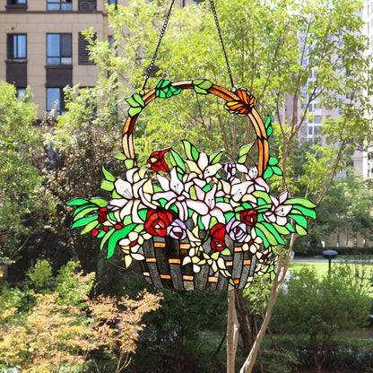 Bieye W10037 Lily and Rose Flower Gaily Decorated Basket Tiffany Style Stained Glass Window Panel with Chain, 24" W x 20" H