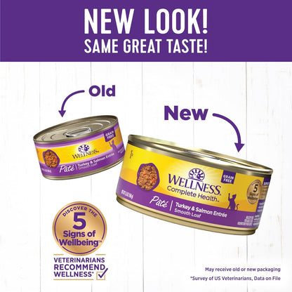 Wellness Complete Health Pate Adult Wet Cat Food, Natural, Protein-Rich, Grain Free, 5.5 Ounce, 24 Pack, (Turkey & Salmon)