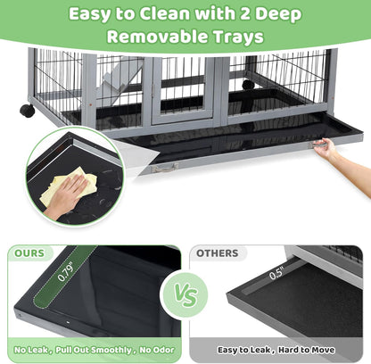 Rabbit Hutch Indoor Outdoor Bunny Cage 39" L Large 2-Story Wooden Small Animal House Enclosure with Wheels, 2 Removable Trays, Waterproof Openable Roof, Grey